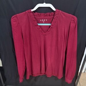 LOFT Women's Burgundy Ruffle V-Neck Blouse